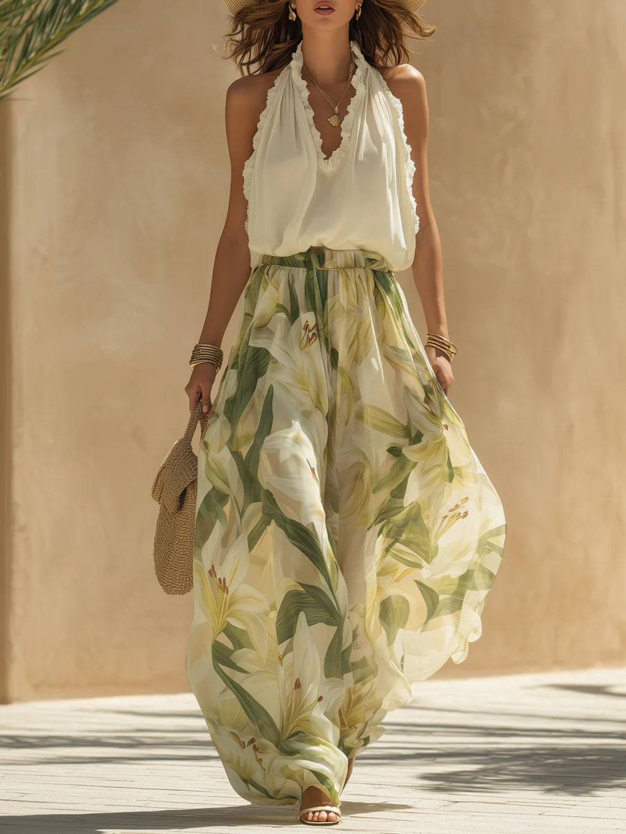 Camille Ruffled Sleeveless Chiffon Top & Lily Print Pants Set