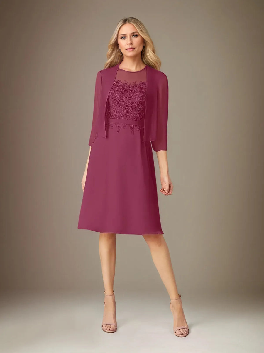 A-Line Chiffon Scoop Neck Dress with 3/4 Sleeves and Knee-Length Hem