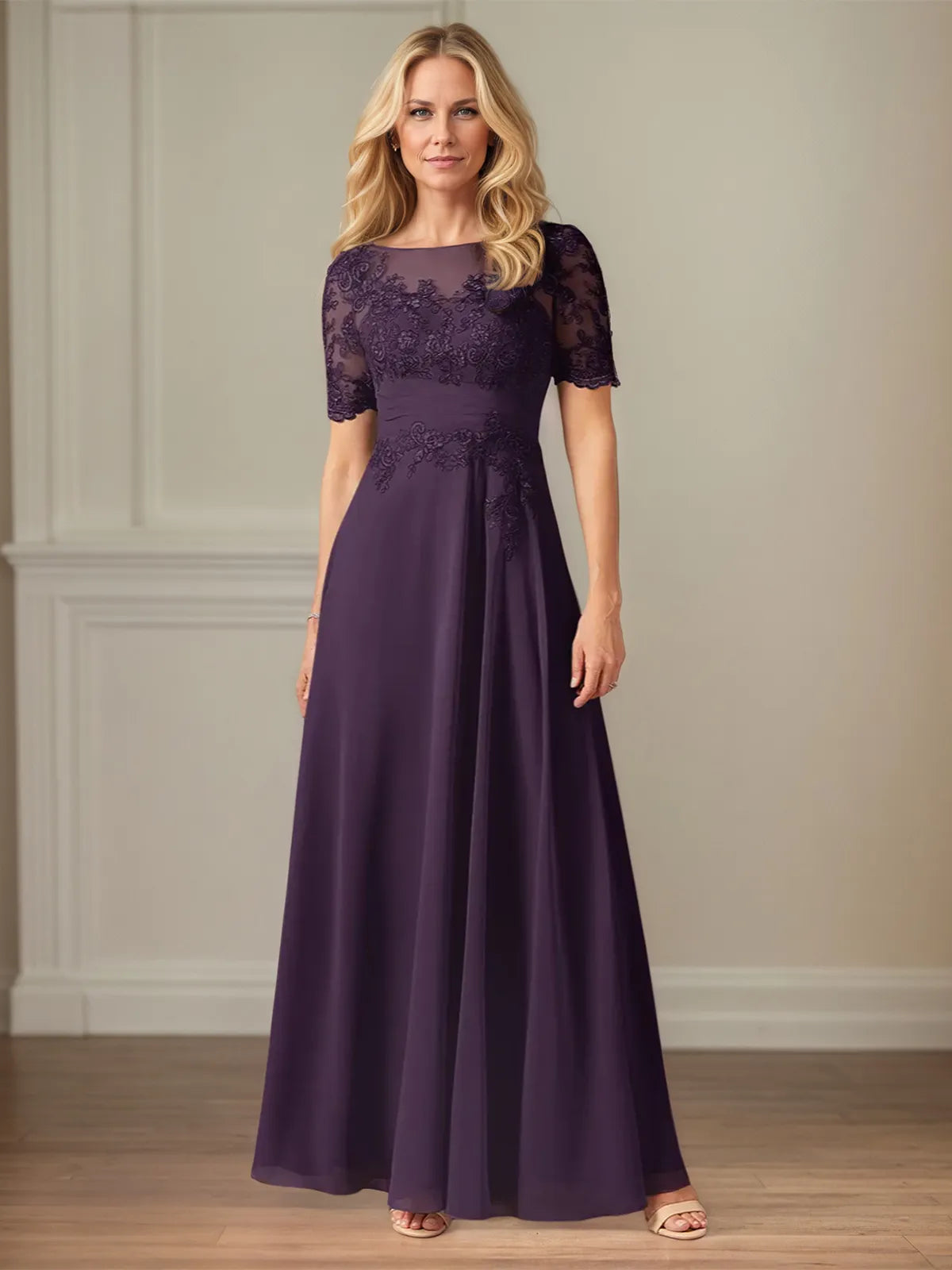 A-Line Chiffon Scoop Neck Short Sleeve Floor-Length Dress