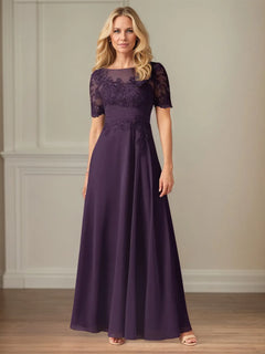 A-Line Chiffon Scoop Neck Short Sleeve Floor-Length Dress