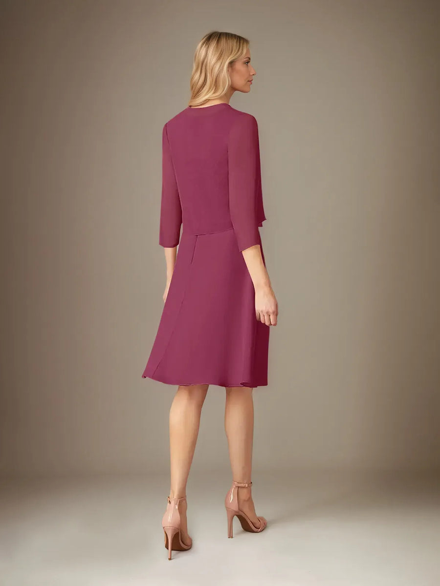 A-Line Chiffon Scoop Neck Dress with 3/4 Sleeves and Knee-Length Hem
