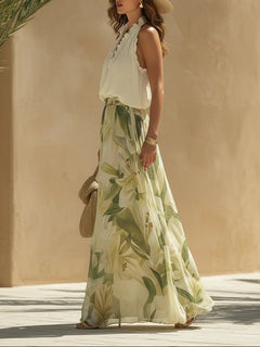 Camille Ruffled Sleeveless Chiffon Top Set with Lily Print Pants