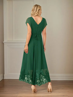 A-Line V-Neck Flutter Sleeve Chiffon Dress with Appliques and Ankle Length