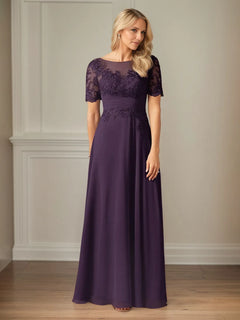A-Line Chiffon Scoop Neck Short Sleeve Floor-Length Dress