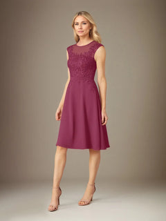A-Line Chiffon Scoop Neck Dress with 3/4 Sleeves and Knee-Length Hem