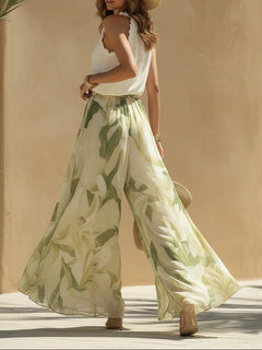 Camille Ruffled Sleeveless Chiffon Top Set with Lily Print Pants