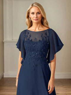 Chiffon A-Line Boat Neck Flutter Sleeve Floor-Length Dress