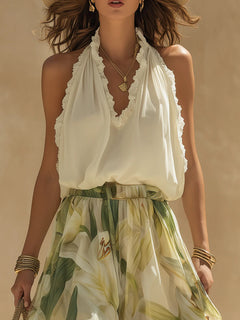 Camille Ruffled Sleeveless Chiffon Top Set with Lily Print Pants