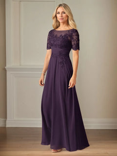 A-Line Chiffon Scoop Neck Short Sleeve Floor-Length Dress
