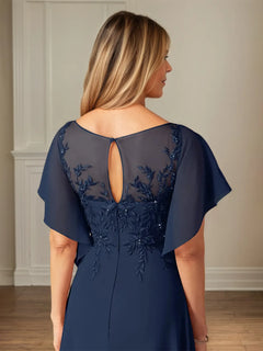 Chiffon A-Line Boat Neck Flutter Sleeve Floor-Length Dress