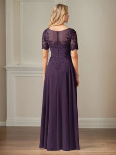A-Line Chiffon Scoop Neck Short Sleeve Floor-Length Dress