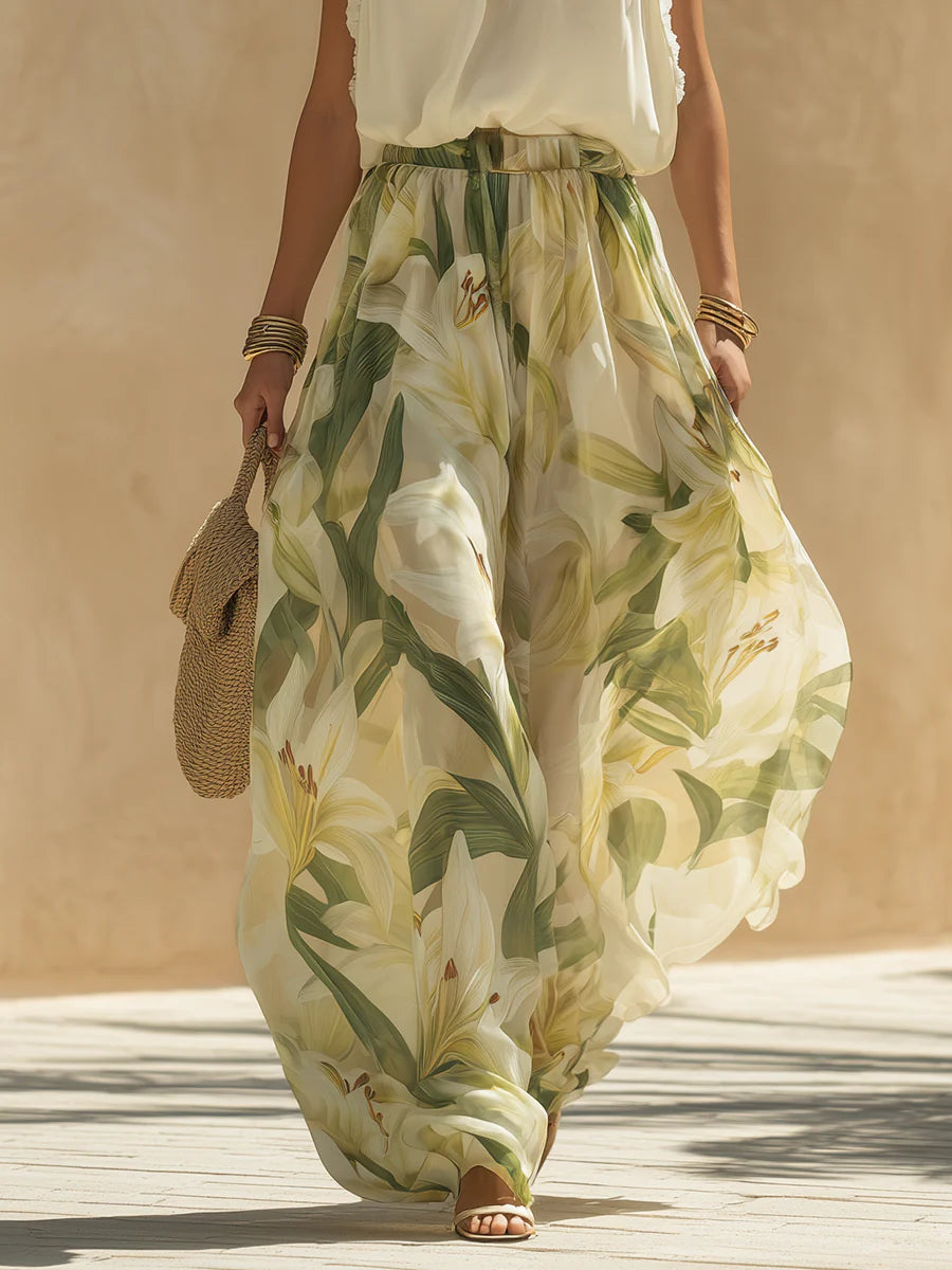 Camille Ruffled Sleeveless Chiffon Top Set with Lily Print Pants