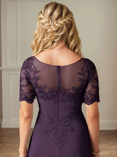 A Line Chiffon Scoop Neck Short Sleeves Floor Length Dress