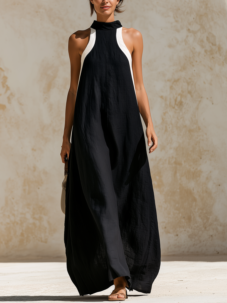 Black White Color Block Halter Linen Maxi Dress