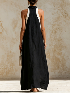 Black White Color Block Halter Linen Maxi Dress