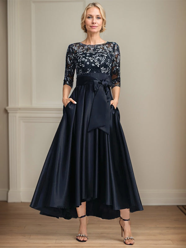 A-Line Scoop Neck Illusion Asymmetrical Satin Lace Mother of the Bride Dress with Bow