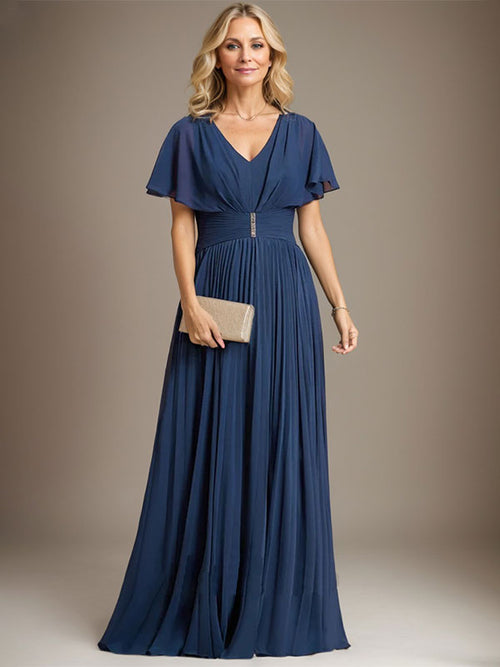 A-Line V-Neck Floor-Length Chiffon Mother of the Bride Dress with Crystal Brooch and Pleated Design