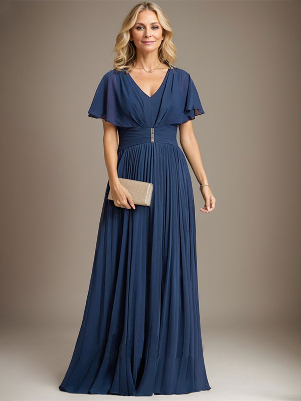 A-Line V-Neck Floor-Length Chiffon Mother of the Bride Dress with Crystal Brooch and Pleated Design