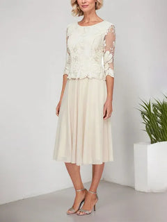 A-Line Scoop Neck Tea-Length Lace Chiffon Mother of the Bride Dress with Embroidery