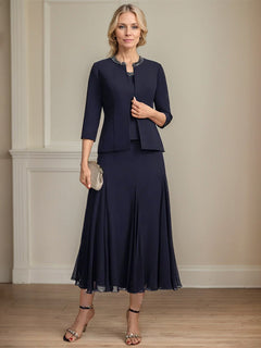 A-line Scoop Tea-Length Chiffon Mother of the Bride Dress with Sequins and Beading Separates