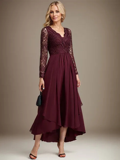 A-Line V-Neck Asymmetrical Lace Chiffon Mother of the Bride Dress