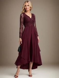 A-Line V-Neck Asymmetrical Lace Chiffon Mother of the Bride Dress