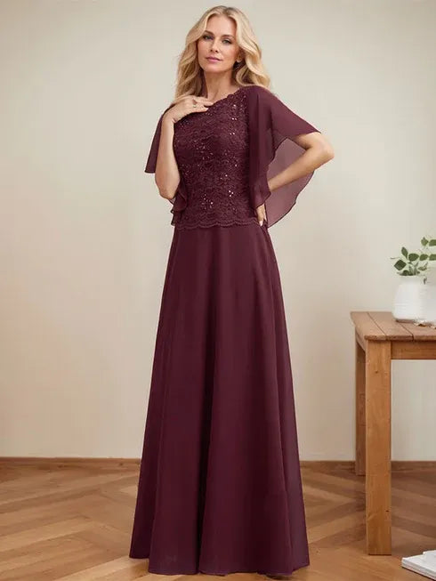 A-Line Scoop Neck Illusion Floor-Length Lace Chiffon Mother of the Bride Dress with Sequins