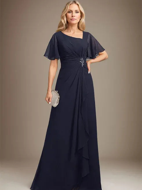 A-Line Asymmetrical Floor-Length Chiffon Mother of the Bride Dress with Pleated Beading and Sequins