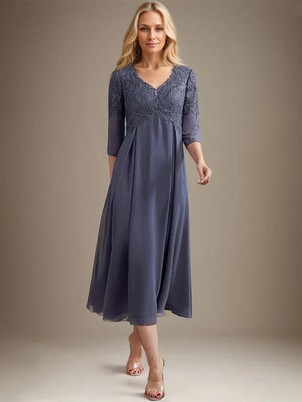 A-Line V-Neck Tea-Length Chiffon Lace Mother of the Bride Dress with Beading