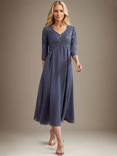 A-line V-Neck Tea-Length Chiffon Lace Mother of the Bride Dress With Beading