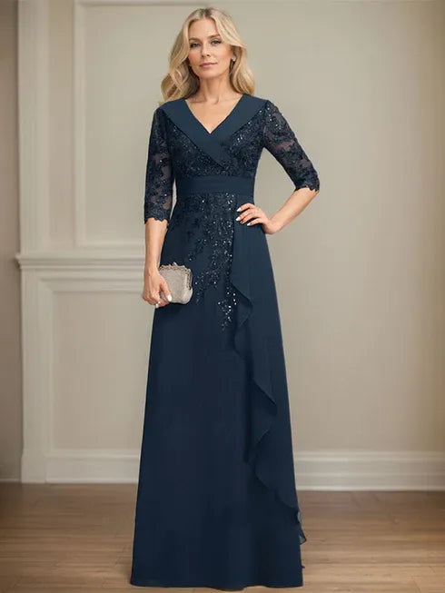 A-Line Collared V-Neck Floor-Length Lace Chiffon Mother of the Bride Dress with Sequins and Cascading Ruffles
