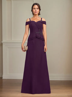 A-Line Cold Shoulder Floor-Length Chiffon Mother of the Bride Dress with Beading and Sequins