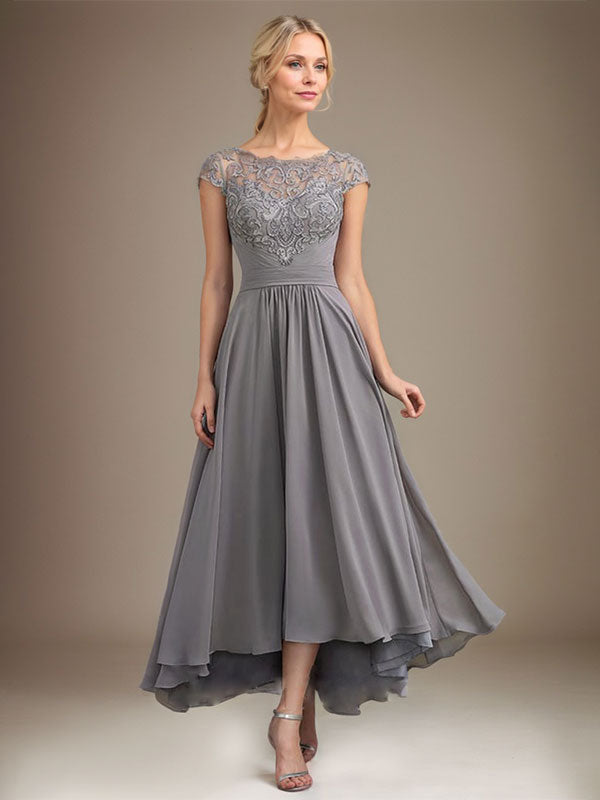 A-Line Scoop Neck Illusion Asymmetrical Lace Chiffon Mother of the Bride Dress with Pleats