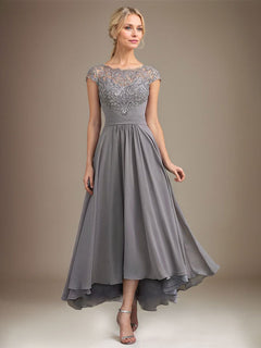 A-Line Scoop Neck Illusion Asymmetrical Lace Chiffon Mother of the Bride Dress with Pleats