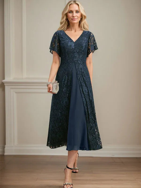 A-Line V-Neck Tea-Length Lace Chiffon Mother of the Bride Dress