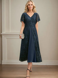 A-Line V-Neck Tea-Length Lace Chiffon Mother of the Bride Dress