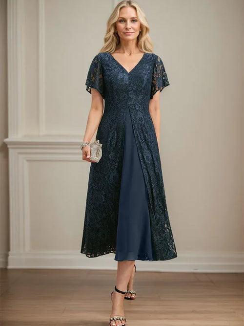 A-Line V-Neck Tea-Length Lace Chiffon Mother of the Bride Dress