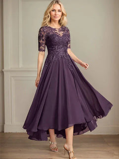 A-Line Scoop Neck Illusion Asymmetrical Chiffon and Lace Mother of the Bride Dress with Sequins