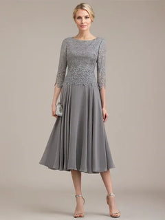A-Line Scoop Neck Tea-Length Lace Chiffon Mother of the Bride Dress