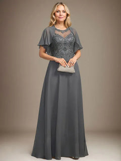 A-Line Scoop Neck Illusion Floor-Length Lace Chiffon Mother of the Bride Dress with Sequins