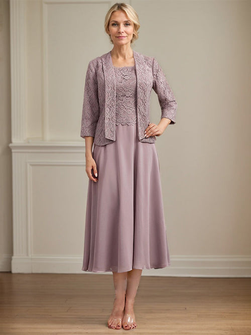 A-Line Scoop Neck Tea-Length Lace Chiffon Mother of the Bride Dress