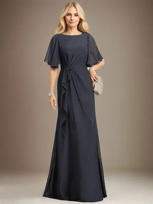 A-Line Scoop Floor-Length Chiffon Mother of the Bride Dress with Cascading Ruffles, Beading, and Sequins