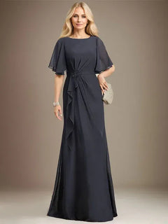 A-Line Scoop Floor-Length Chiffon Mother of the Bride Dress with Cascading Ruffles, Beading, and Sequins