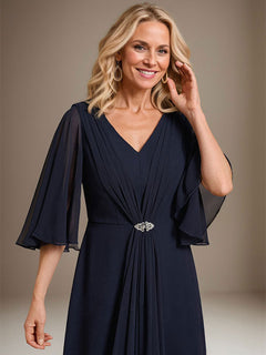 A-Line V-Neck Floor-Length Chiffon Mother of the Bride Dress with Cascading Ruffles and Crystal Brooch