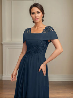 A-Line Square Neck Tea-Length Chiffon Mother of the Bride Dress with Pleated Sequins