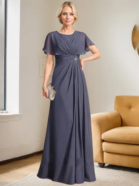 A-Line Scoop Neck Floor-Length Chiffon Mother of the Bride Dress with Pleated Beading