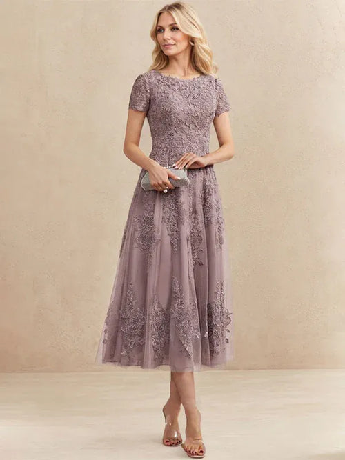 A-Line Scoop Neck Tea-Length Tulle Lace Mother of the Bride Dress