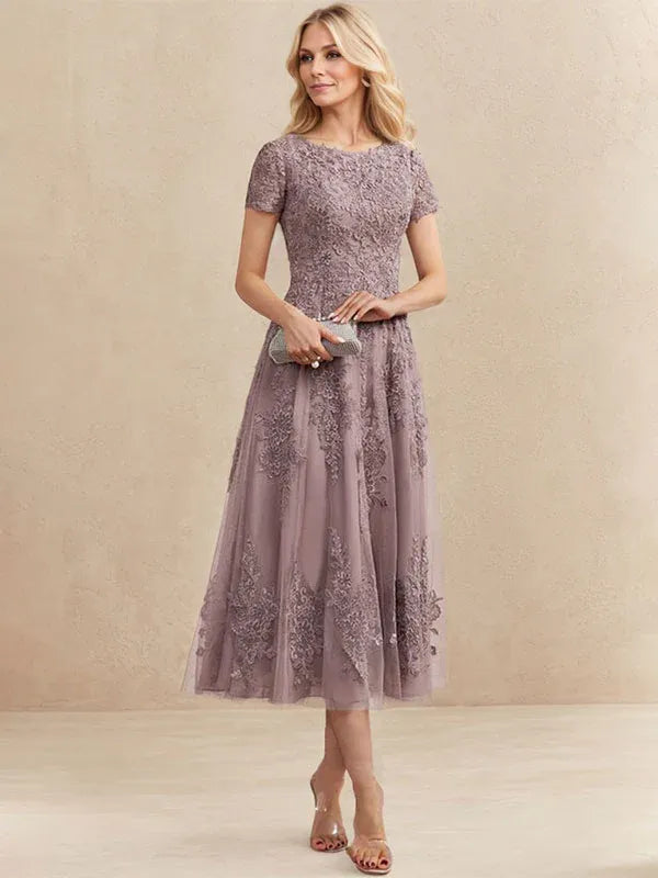 A-Line Scoop Neck Tea-Length Tulle Lace Mother of the Bride Dress