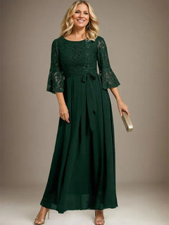 A-Line Scoop Neck Ankle-Length Lace Chiffon Mother of the Bride Dress with Bow