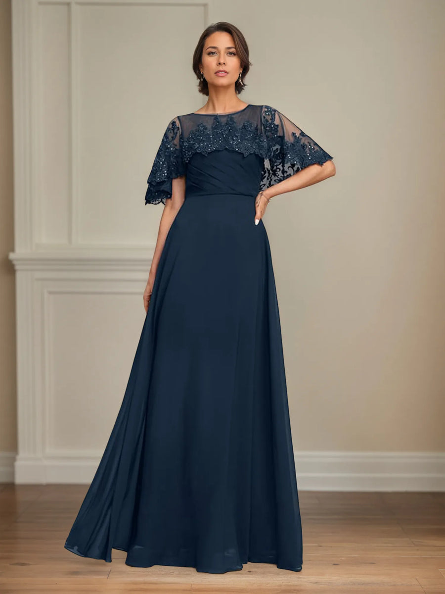 A-Line Floor-Length Chiffon Mother of the Bride Dress with Pleated Sequins